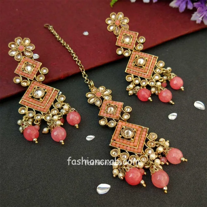 Coral Pink Polki Necklace Set with Tikka for Marriage