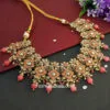 Coral Pink Polki Necklace Set with Tikka for Marriage
