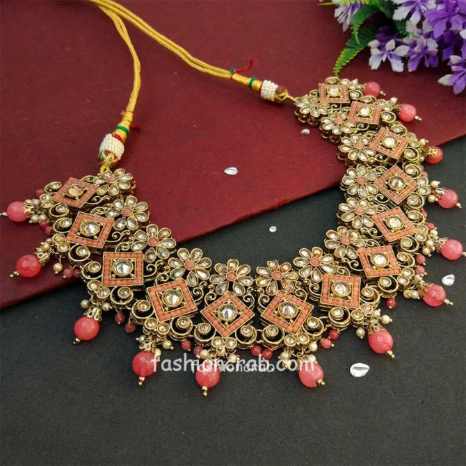 Coral Pink Polki Necklace Set with Tikka for Marriage Coral Pink Polki Necklace Set with Tikka for Marriage