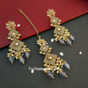 Grey Polki Necklace Set with Tikka for Marriage