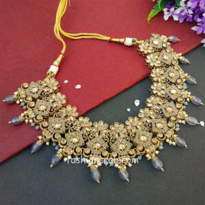 Grey Polki Necklace Set with Tikka for Marriage