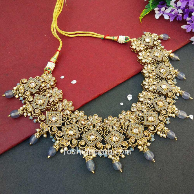 Grey Polki Necklace Set with Tikka for Marriage Grey Polki Necklace Set with Tikka for Marriage