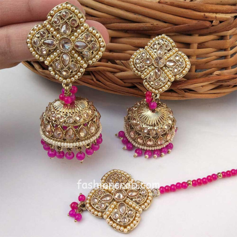 Magenta Pink Pearl Jhumka Set with Maangtikka