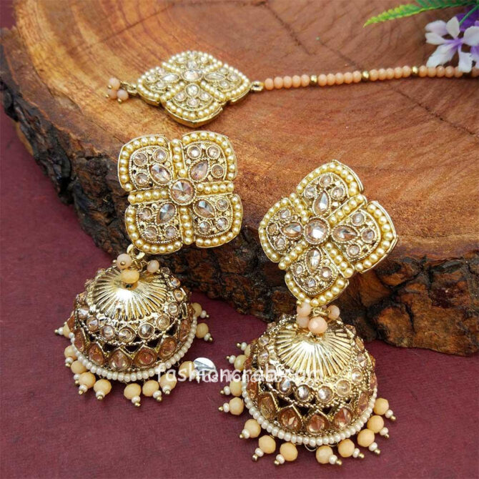 Peach Pearl Jhumka Set with Maangtikka Peach Pearl Jhumka Set with Maangtikka