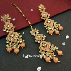 Peach Polki Necklace Set with Tikka for Marriage