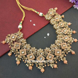 Peach Polki Necklace Set with Tikka for Marriage