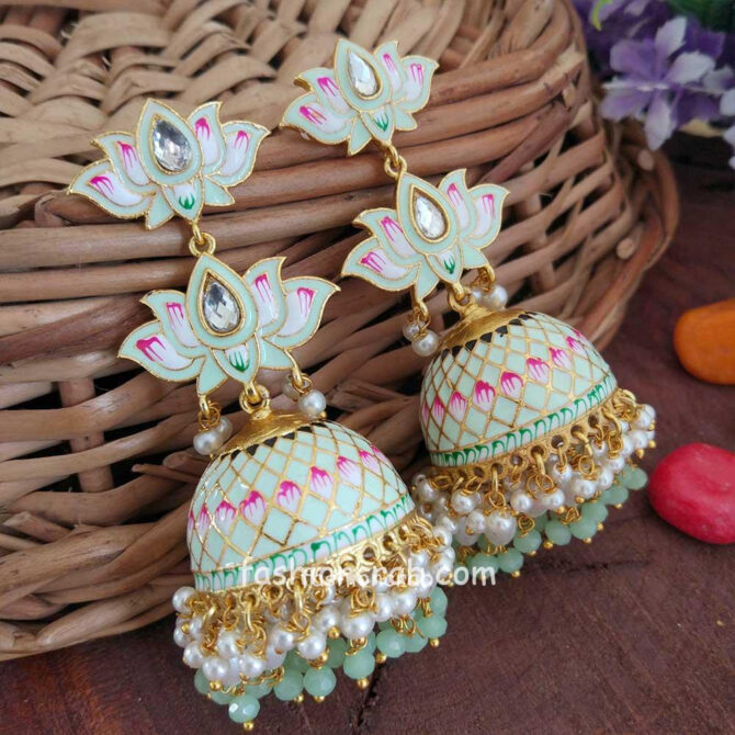 Sea Green Meenakari Lotus Jhumka Earring for Wedding Sea Green Meenakari Lotus Jhumka Earring for Wedding