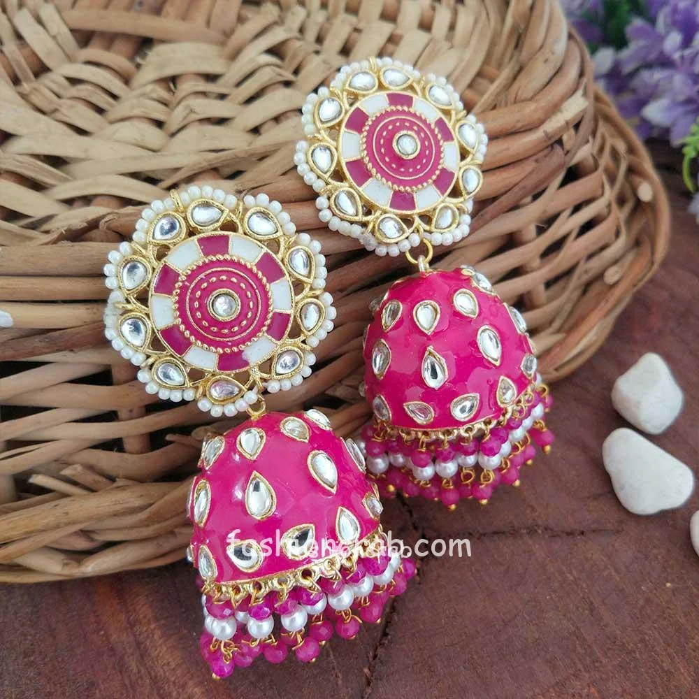 Dark Pink Jhumka Earrings for Lehenga Choli