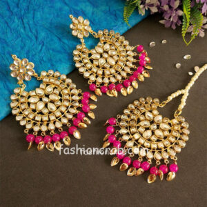 Hot Pink Color Punjabi Earrings with Tikka