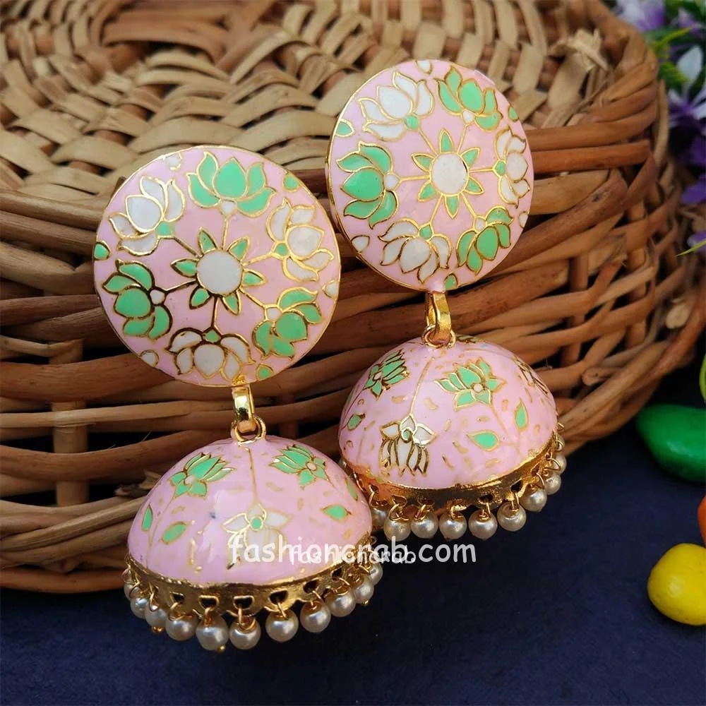 Light Pink Jhumka with Meena Work