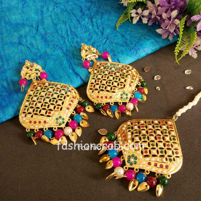 Multicolour Jadau Earrings with Tikka Multicolour Jadau Earrings with Tikka