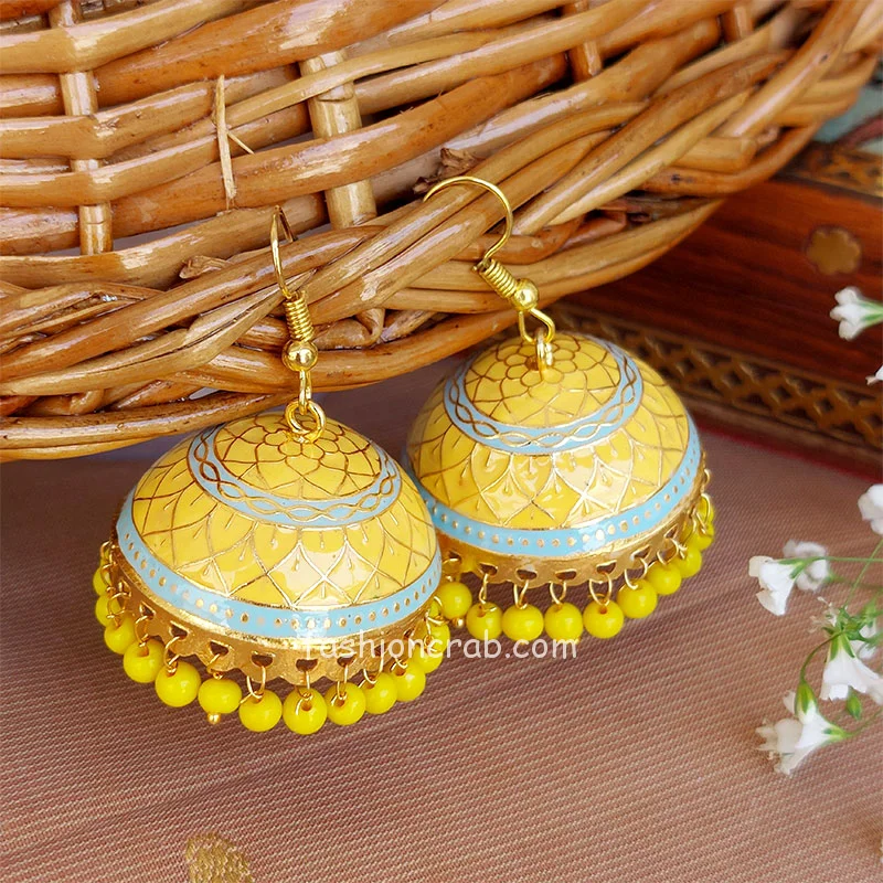 Yellow Blue Pearl Meenakari Jhumki Earring