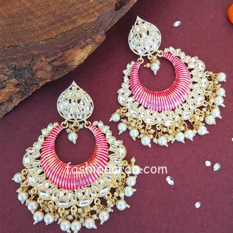 Big Pink Enamel Kundan Earrings for Girls