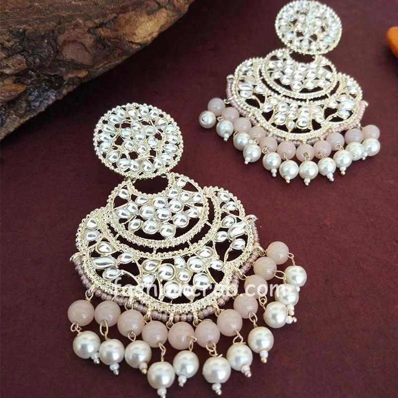 Bollywood Peach Pearl Kundan Chandbali Earrings