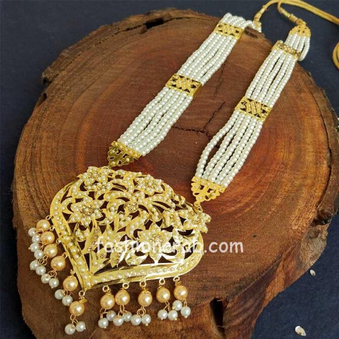 Cream Colour Pearl Jadau Necklace Set for Punjabi Bride