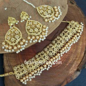 Cream Colour Pearl Jadau Necklace Set for Punjabi Bride