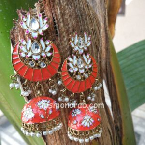 Floral Stone-Studded Meenakari Orange Jhumka for Wedding