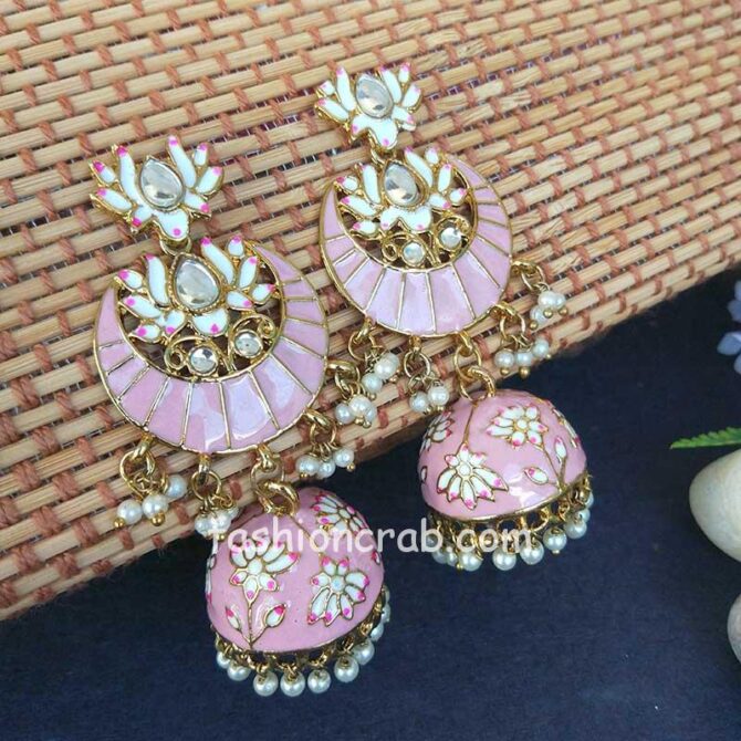Floral Stone-Studded Meenakari Pink Jhumka for Wedding Floral Stone-Studded Meenakari Pink Jhumka for Wedding