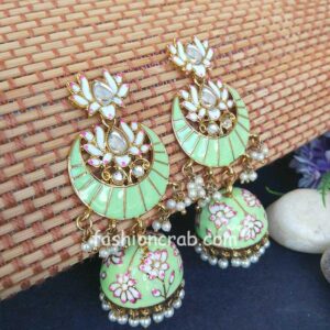 Floral Stone-Studded Meenakari Pista Green Jhumka for Wedding