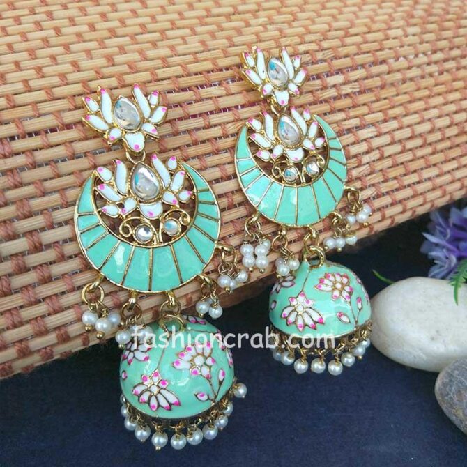 Floral Stone-Studded Meenakari Sea Green Jhumka for Wedding Floral Stone-Studded Meenakari Sea Green Jhumka for Wedding