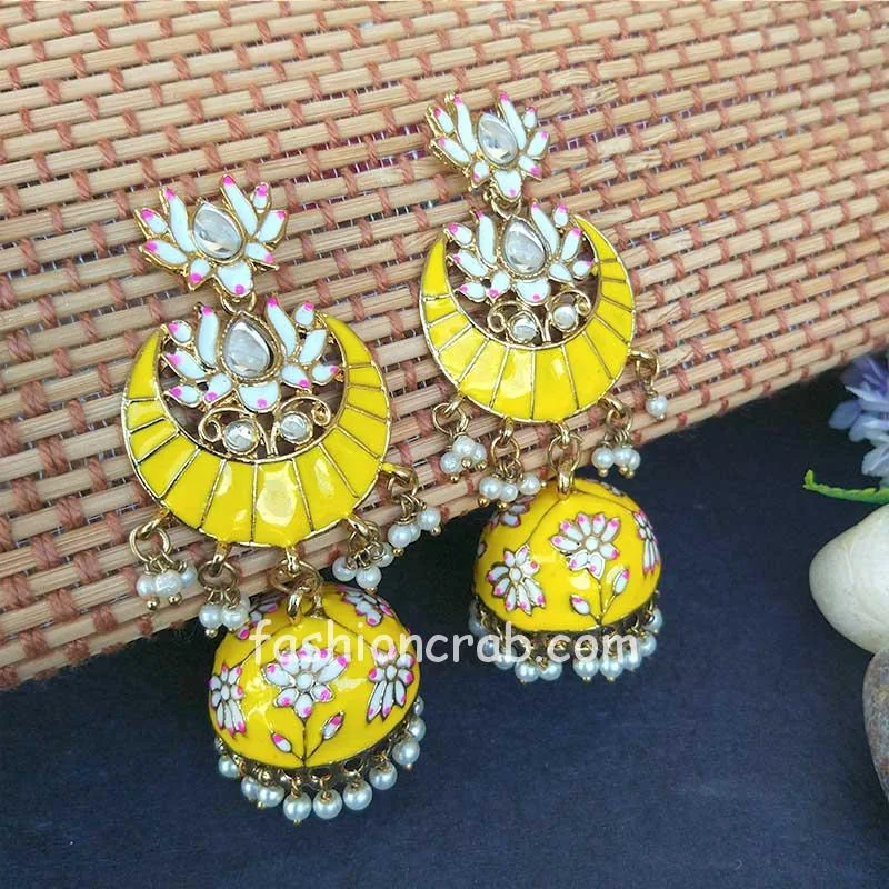 Floral Stone-Studded Meenakari Yellow Jhumka for Wedding