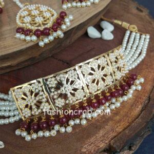 Maroon Colour Pearl Jadau Choker Set for Punjabi Bride