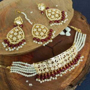 Maroon Colour Pearl Jadau Choker Set for Punjabi Bride