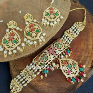 Multi Colour Pearl Jadau Choker Set for Punjabi Bride