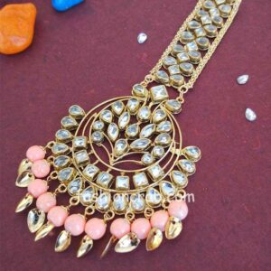 Peach Colour Punjabi Kundan Earrings with Maang Tikka