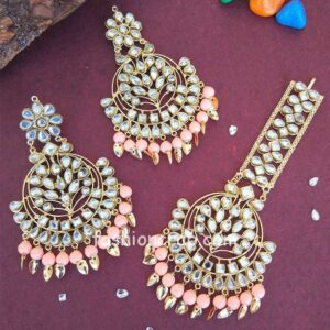 Peach Colour Punjabi Kundan Earrings with Maang Tikka