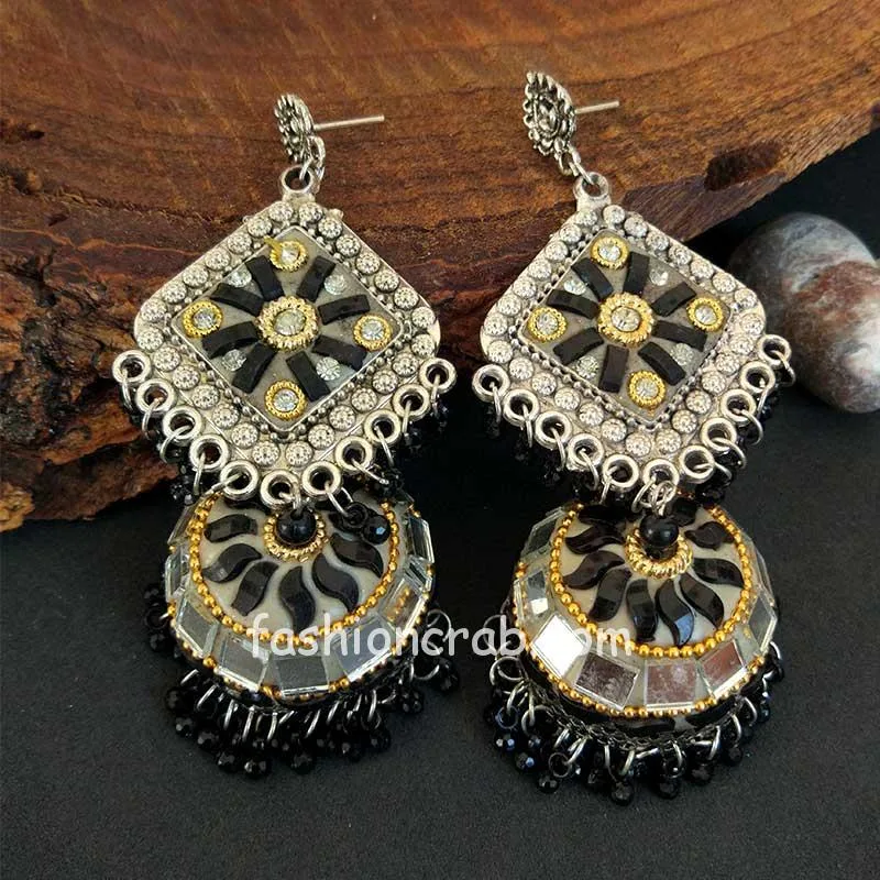 Big Oxidised Peacock Earrings for Women-Black