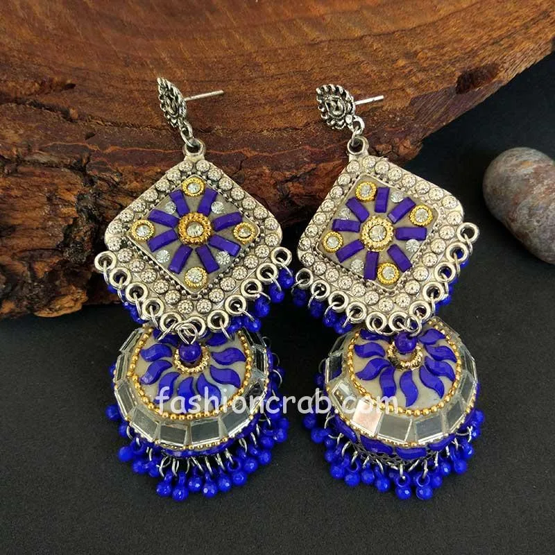 Big Oxidised Peacock Earrings for Women-Blue