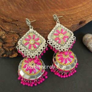 Big Oxidised Peacock Earrings for Women-Pink