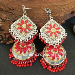 Big Oxidised Peacock Earrings for Women-Red