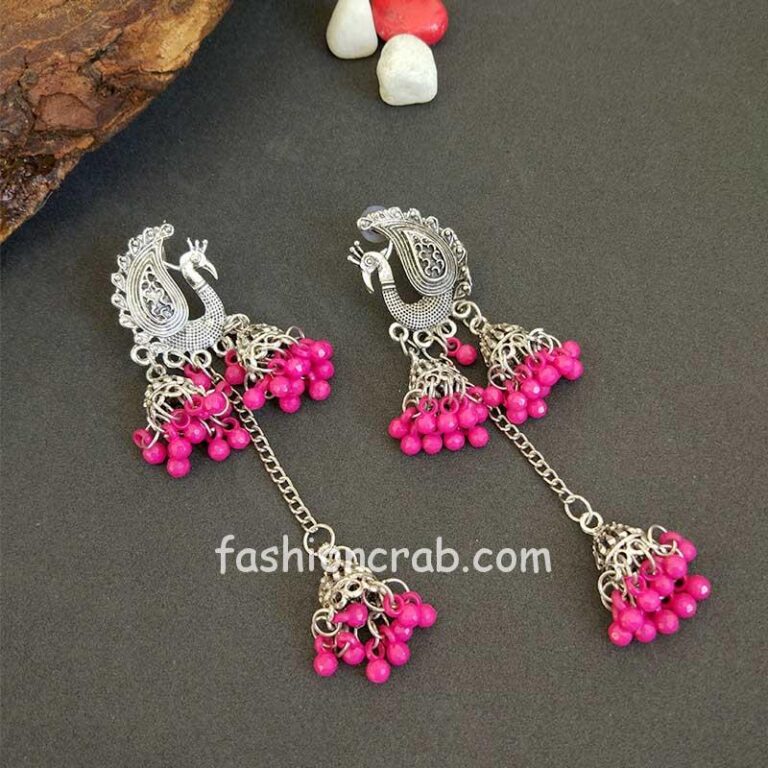 Oxidised Peacock Jhumka for Girls - Pink