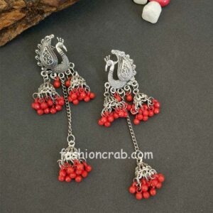 Oxidised Peacock Jhumka for Girls - Red