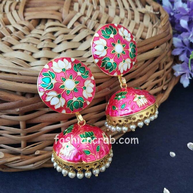 Pink Green Jhumka with Meena Work Pink Green Jhumka with Meena Work