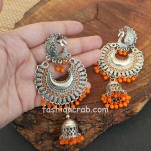 Traditional Peacock Design Earrings for Women-Orange