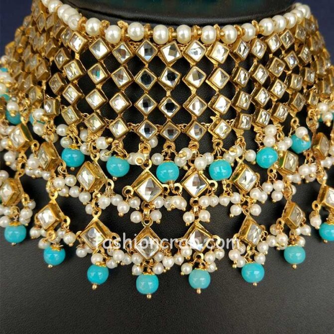 Blue Colour Punjabi Kundan Choker Set for Reception