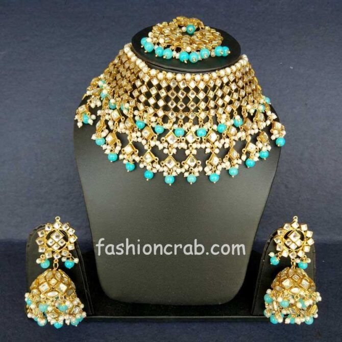 Blue Colour Punjabi Kundan Choker Set for Reception Blue Colour Punjabi Kundan Choker Set for Reception