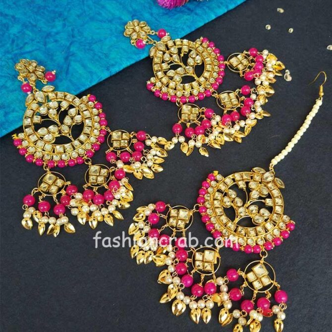 Dark Pink-Punjabi Big Maang Tikka with Earrings for Girl Dark Pink-Punjabi Big Maang Tikka with Earrings for Girl