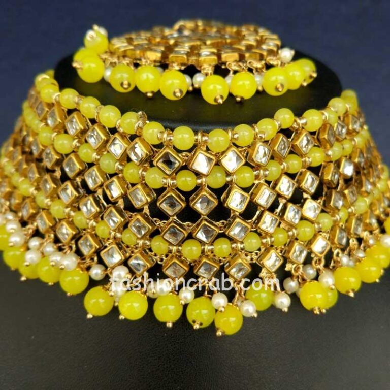 Lemon Colour Punjabi Kundan Choker Set for Reception
