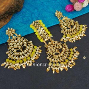 Lemon Colour Punjabi Kundan Earrings with Maang Tikka