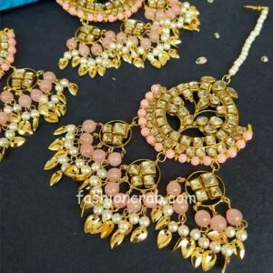 Light Pink-Punjabi Big Maang Tikka with Earrings for Girl