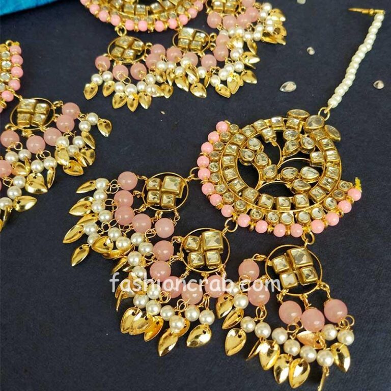 Light Pink-Punjabi Big Maang Tikka with Earrings for Girl