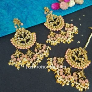 Light Pink-Punjabi Big Maang Tikka with Earrings for Girl
