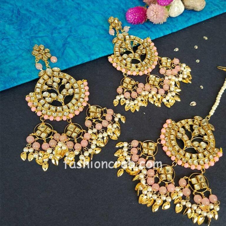 Light Pink-Punjabi Big Maang Tikka with Earrings for Girl