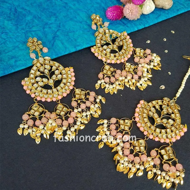Light Pink-Punjabi Big Maang Tikka with Earrings for Girl