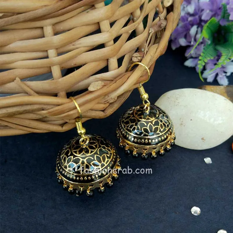 Meenakari Jaipur Jhumki Earrings-Black
