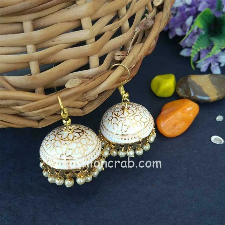 Meenakari Jaipur Jhumki Earrings - White